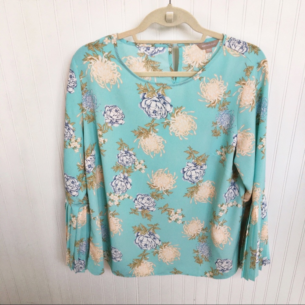 Anthology NWT Light Turquoise Floral Blouse Sz 14